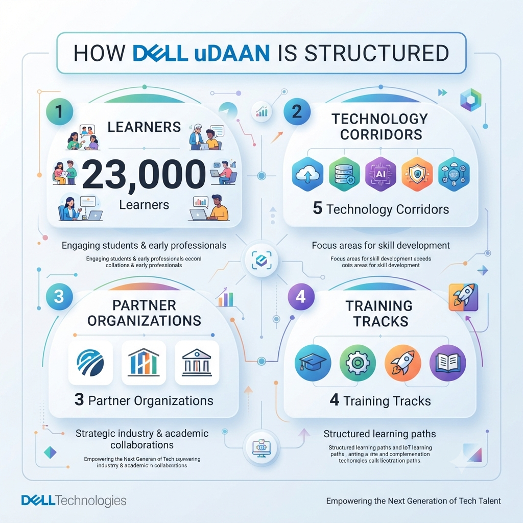 “How Dell uDaan is structured: 23,000 learners, 5 technology corridors, 3 partner organizations, and 4 training tracks”