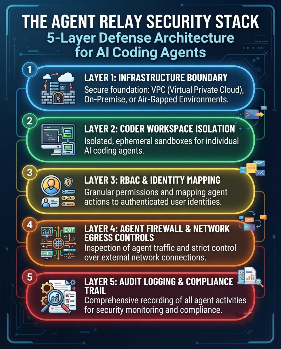 "The Agent Relay Security Stack: 5-Layer Defense Architecture for AI Coding Agents"